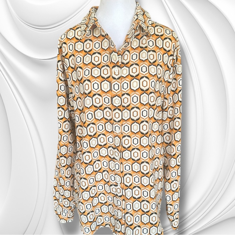 Molly Green Retro Cream and Gold Button Down Shirt Size Small